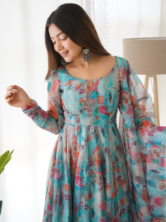 Premium Women’s Organza Silk Anarkali Gown with Dupatta & Belt – Party / Wedding Ready OLC016SB