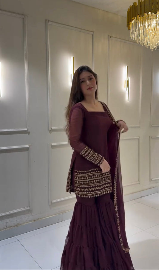 Women’s Embroidered Georgette Sharara Set with Dupatta – Party Wear Ready-to-Wear