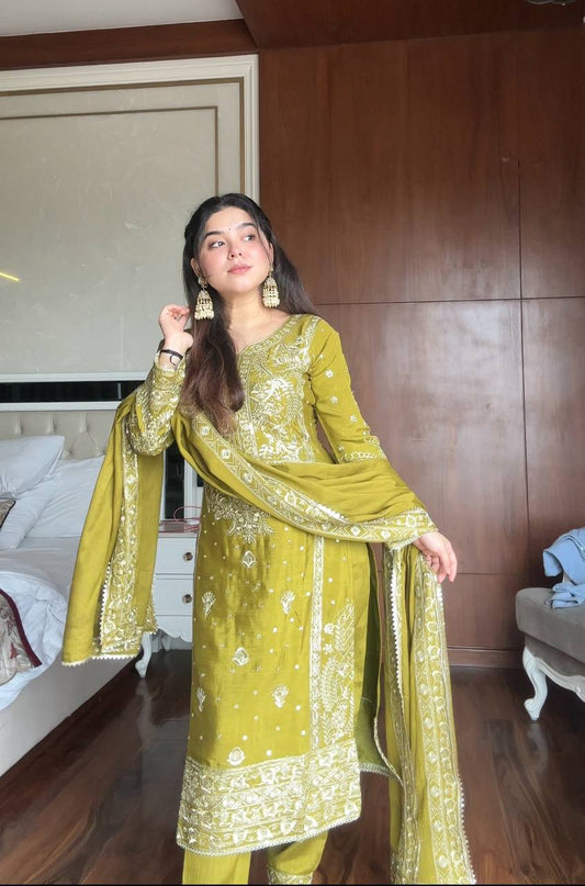 Pretty Mehndi Color Sequence Work Sharara Suit