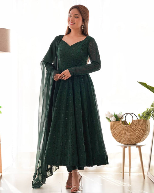Premium Women’s Lucknowi Georgette Anarkali Gown Set with Ruffle Dupatta & Pants – Ready to Wear
