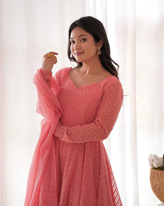 Premium Women’s Fox Georgette Anarkali Gown with Dupatta & Pants – Ready-to-Wear