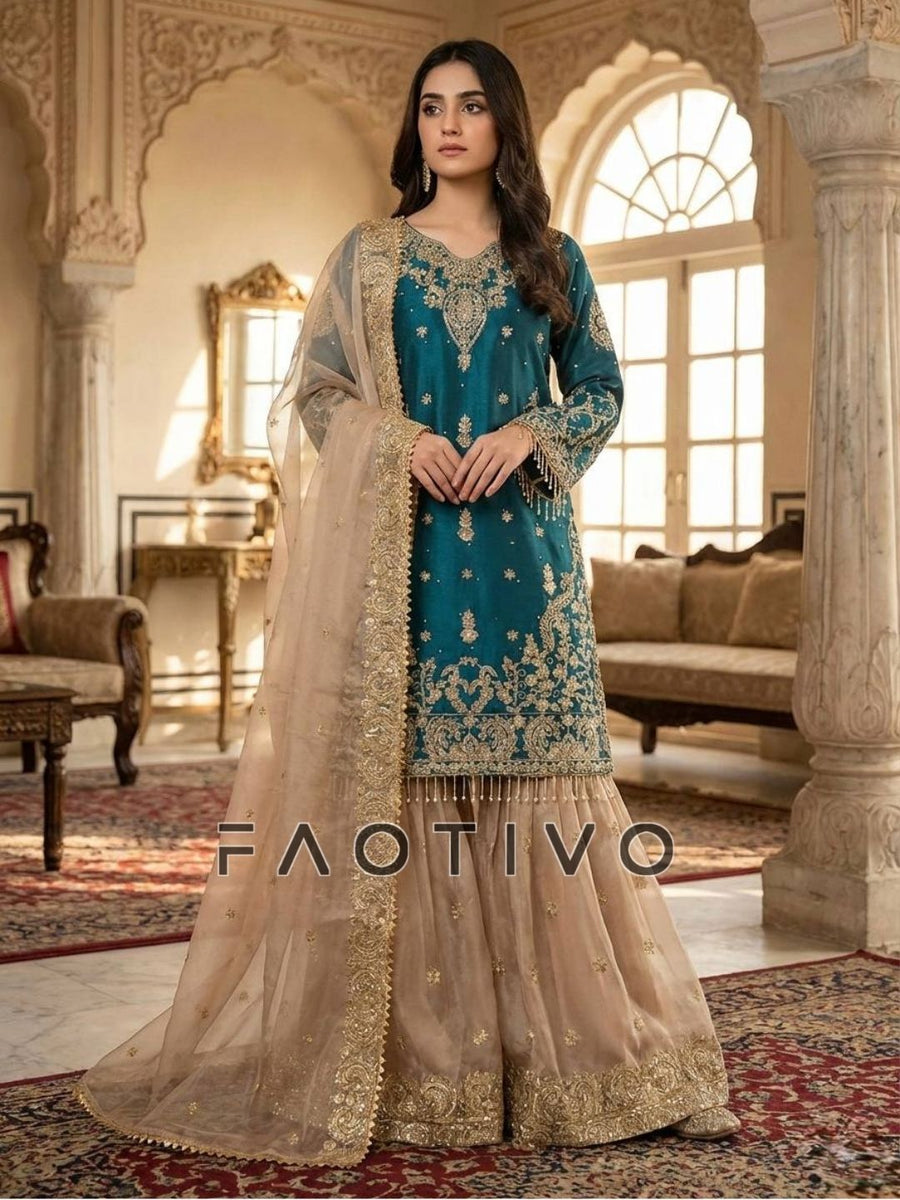 Designer Heavy GMY Silk Top Sharara & Dupatta Set