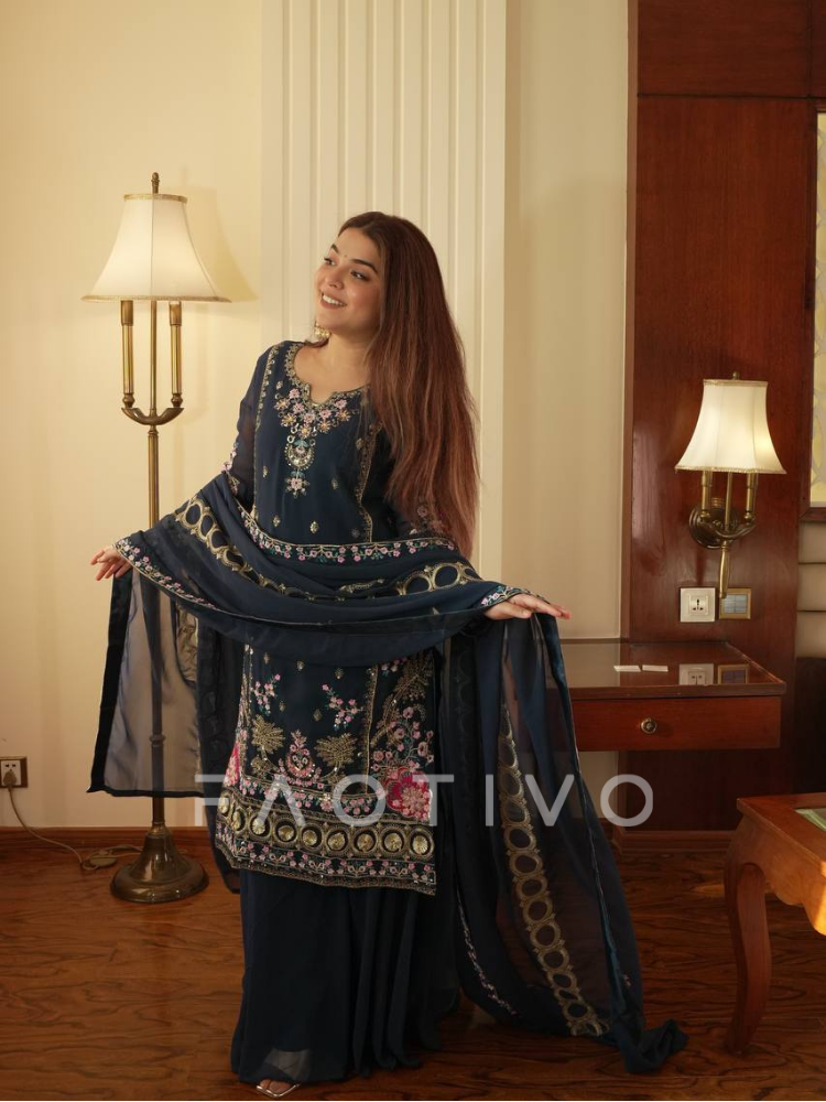 Sequin Embroidered Faux Georgette Sharara-Pair