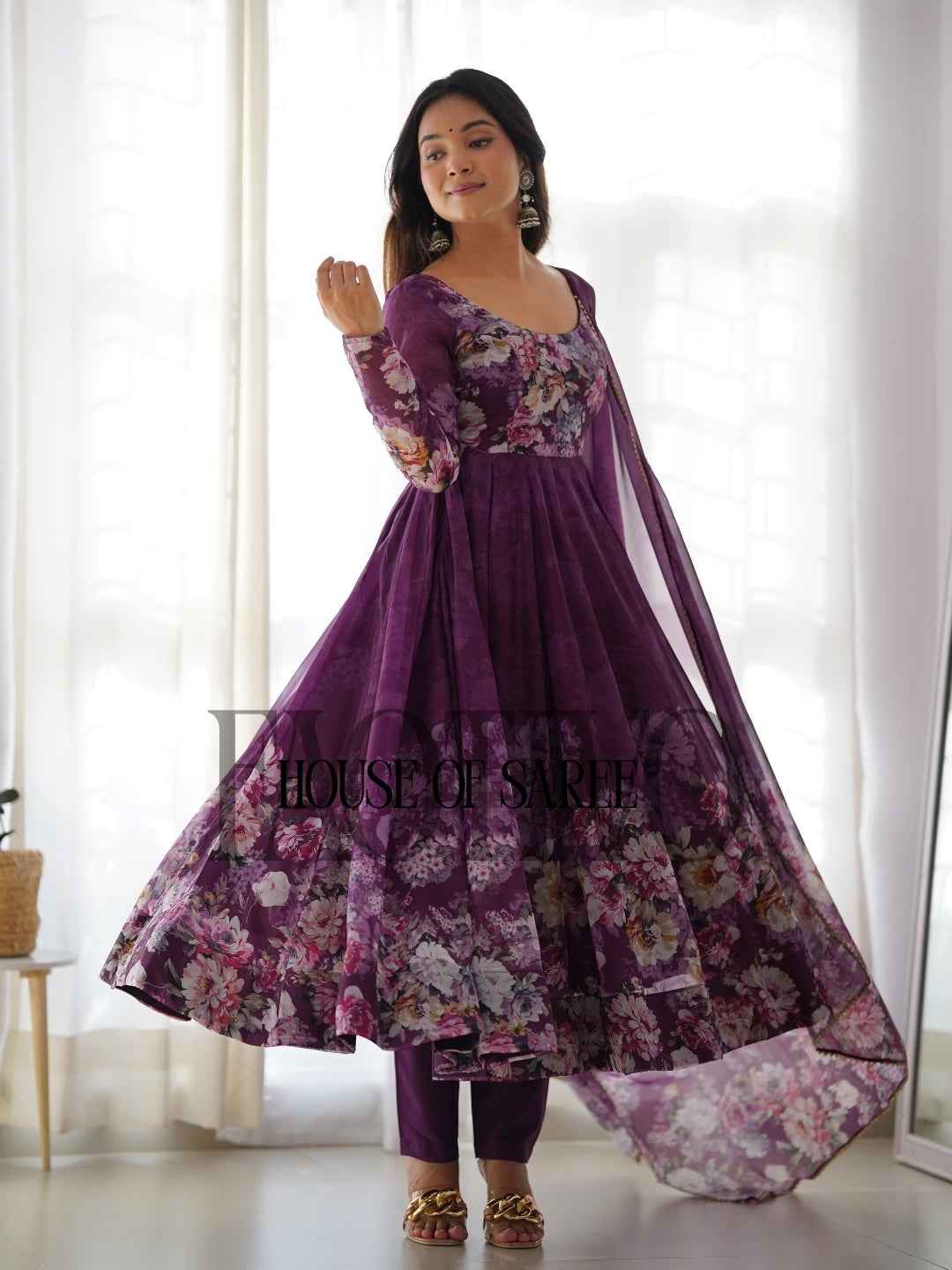 FAOTIVO Pure Organza Silk Anarkali Gown Set