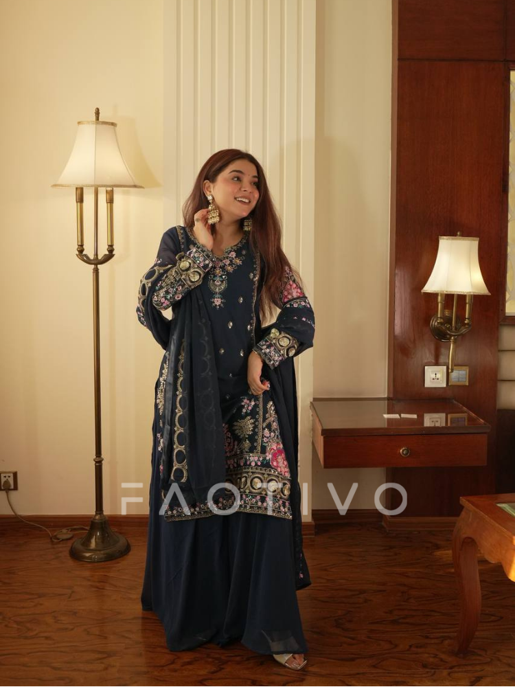 Sequin Embroidered Faux Georgette Sharara-Pair