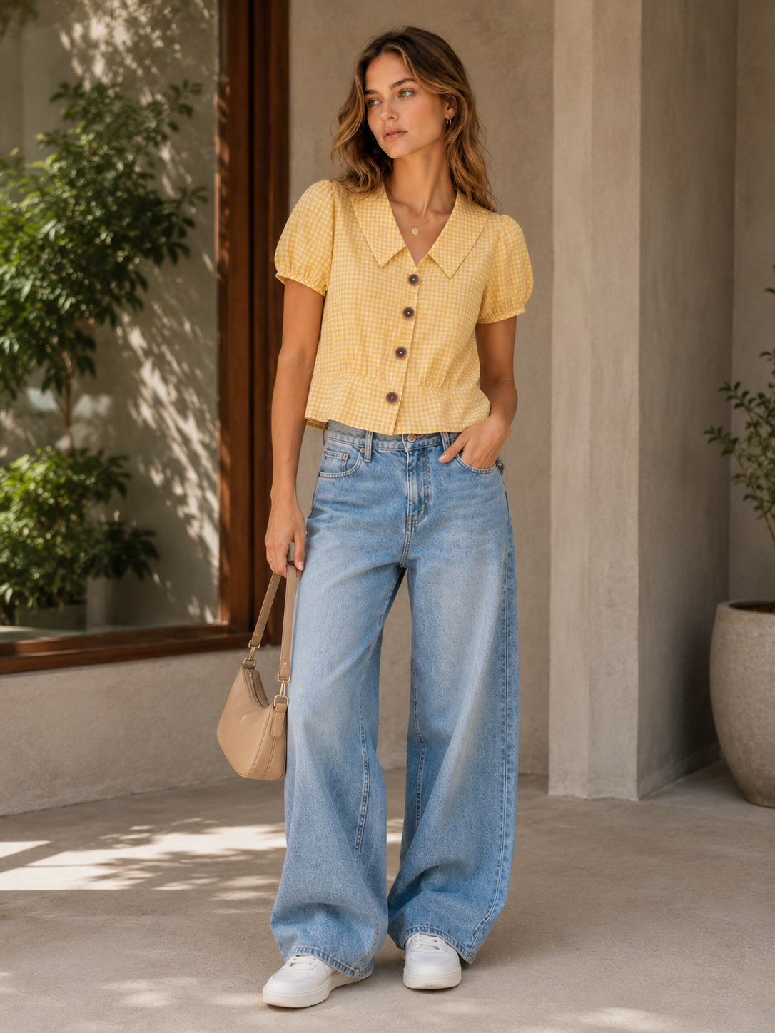 Yellow Checked Cotton Crop Top