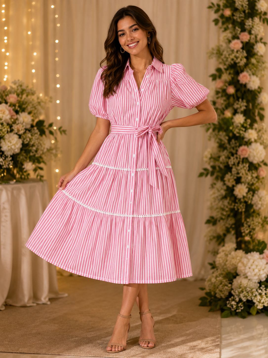 Pink Striped Fit & Flare Maxi Dress