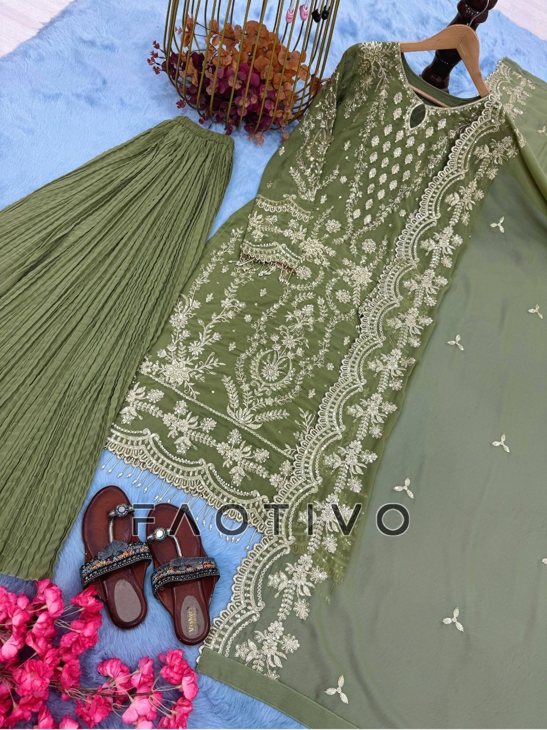 Premium Designer Faux Georgette Top Plazzo Dupatta Set