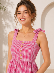 Pink Checked Cotton Mini Dress