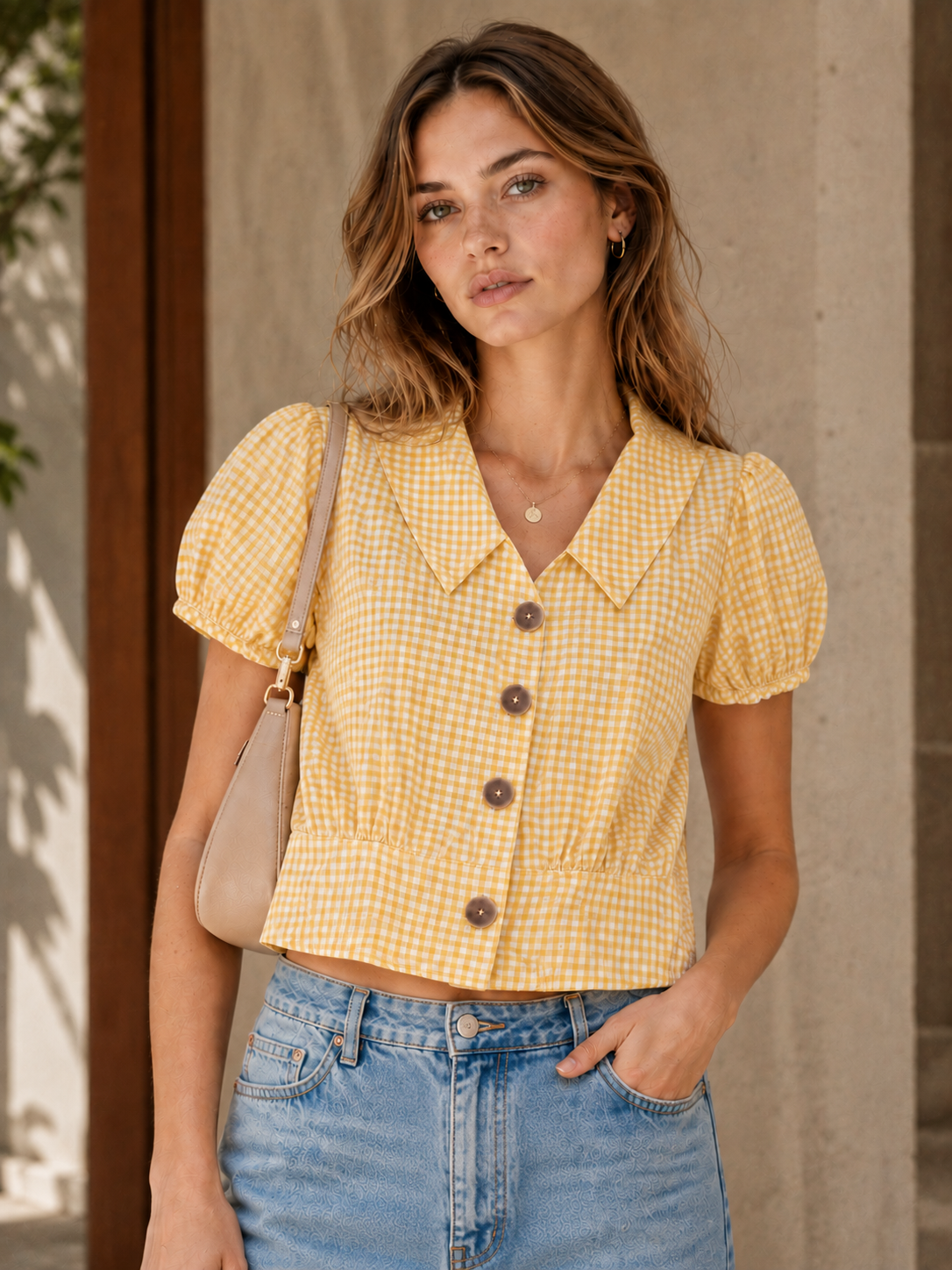 Yellow Checked Cotton Crop Top