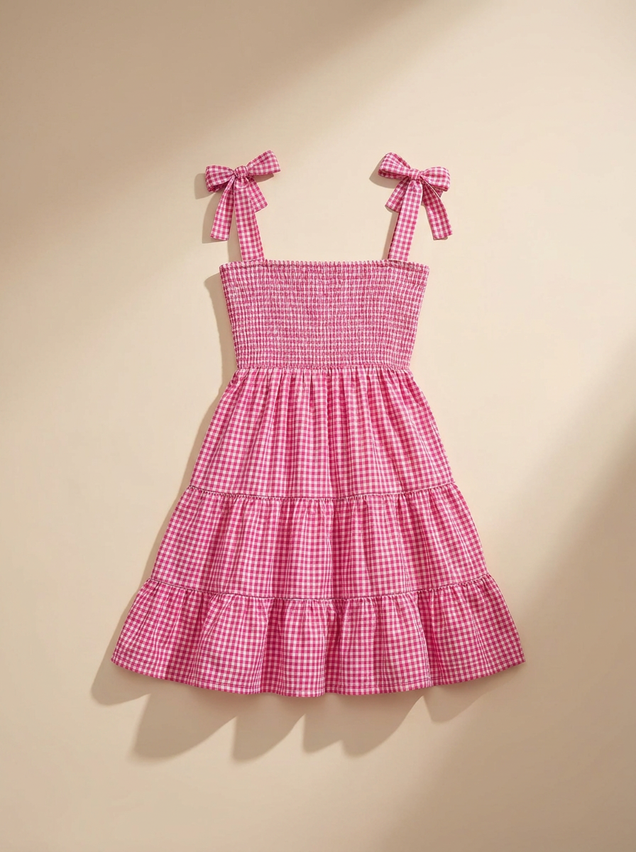 Pink Checked Cotton Mini Dress