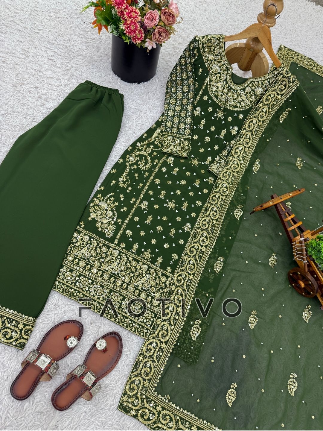 Designer Heavy Faux Georgette Embroidered Kurti Pant Dupatta Set