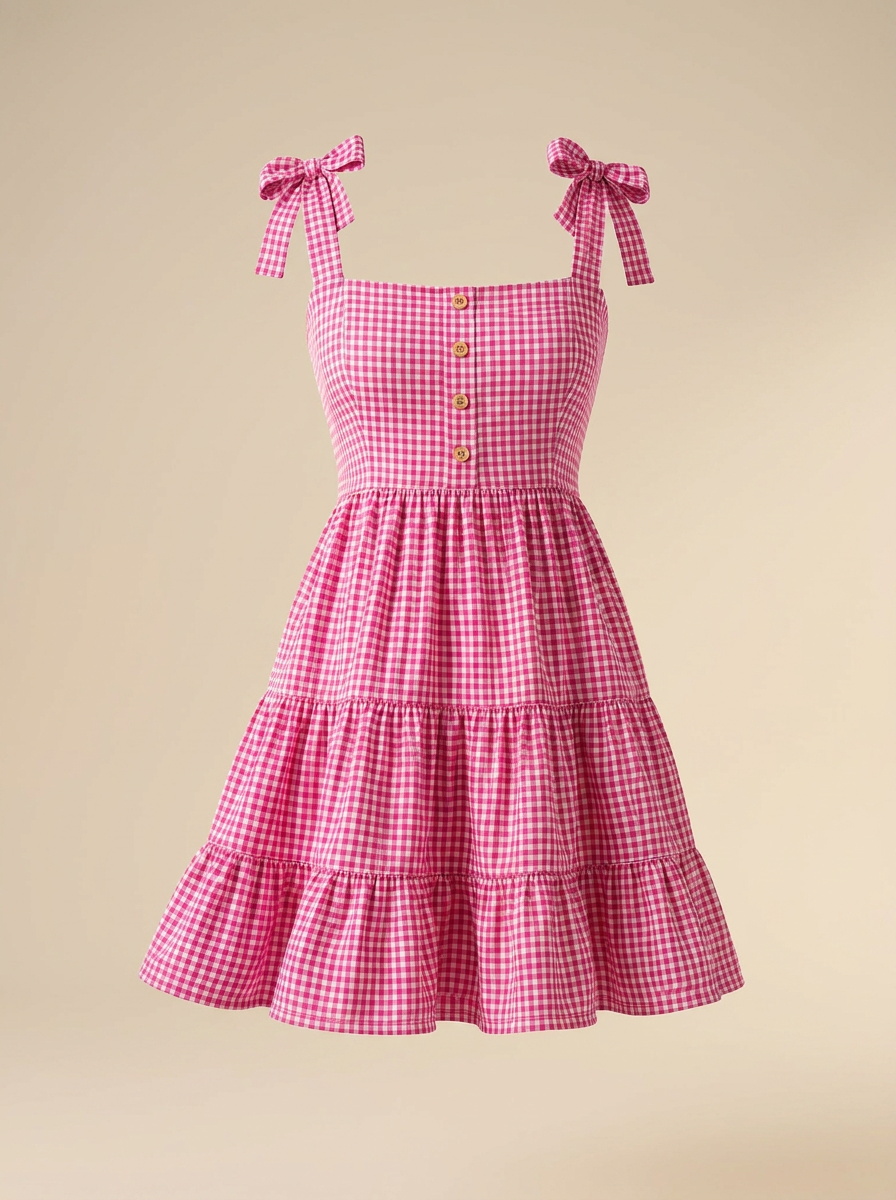 Pink Checked Cotton Mini Dress