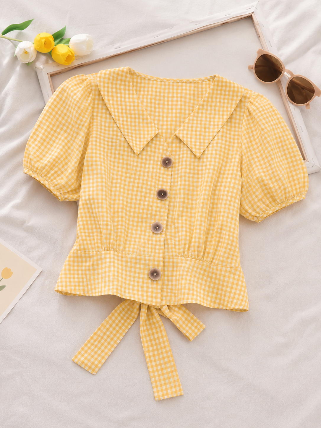 Yellow Checked Cotton Crop Top