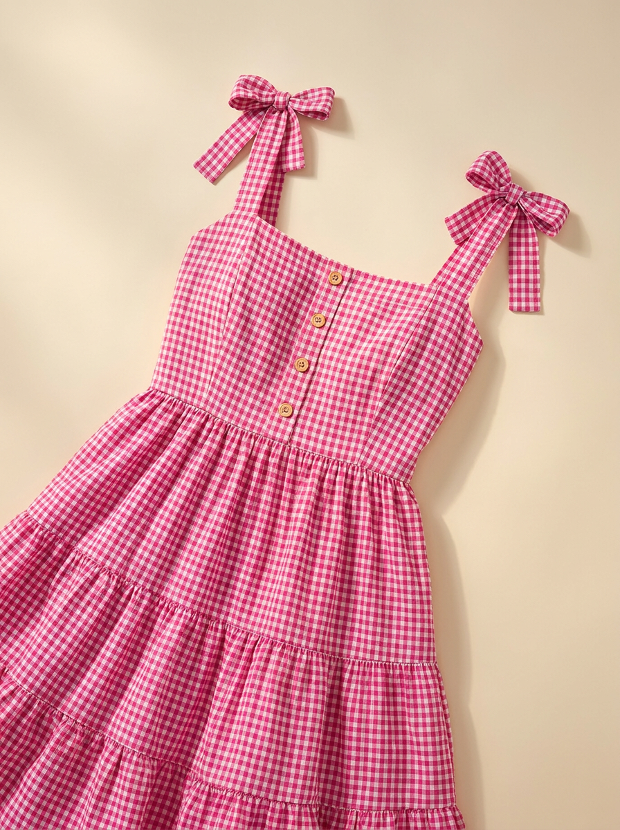 Pink Checked Cotton Mini Dress
