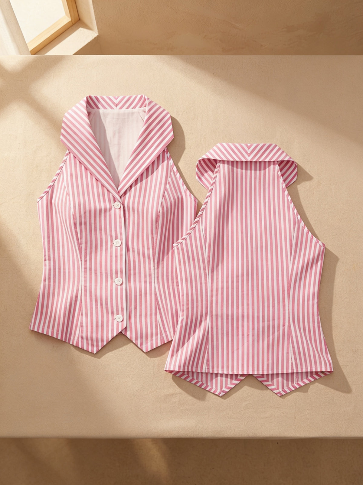 Pink Vertical Striped Sleeveless Cotton Top