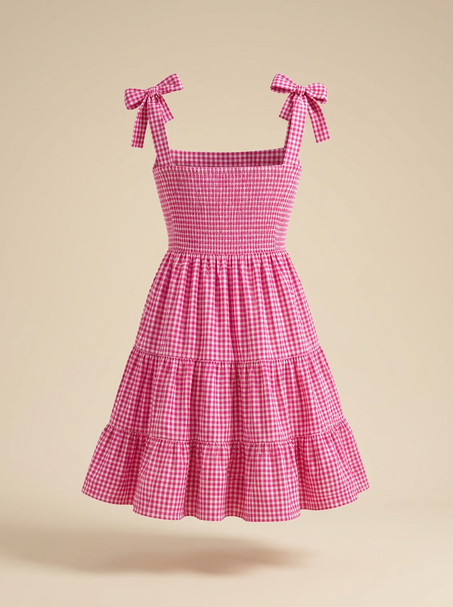 Pink Checked Cotton Mini Dress