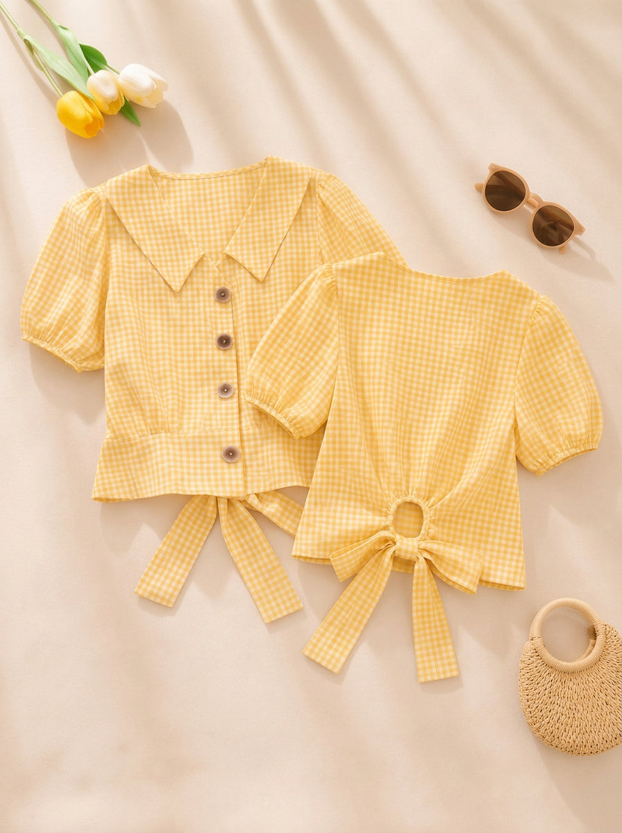 Yellow Checked Cotton Crop Top