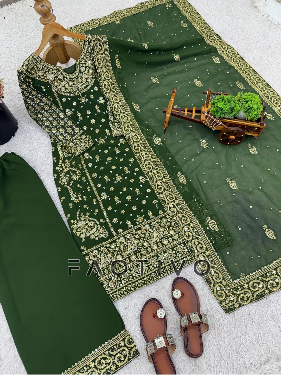 Designer Heavy Faux Georgette Embroidered Kurti Pant Dupatta Set