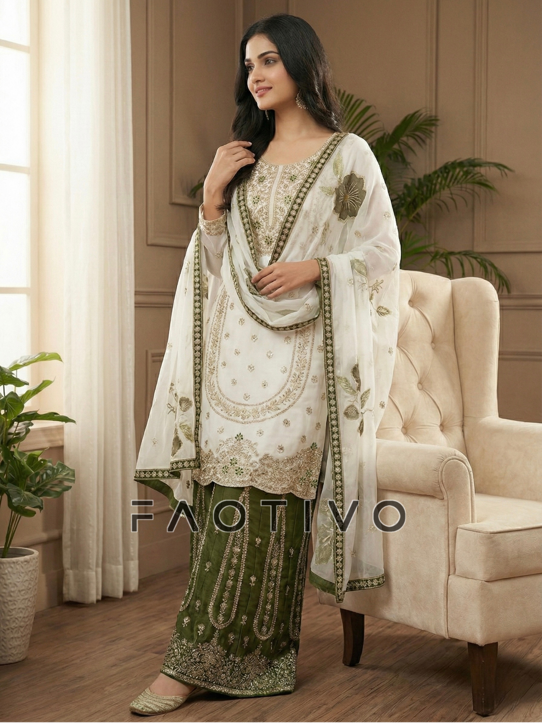 Designer GMY Silk Embroidered Kurti Plazzo Dupatta Set