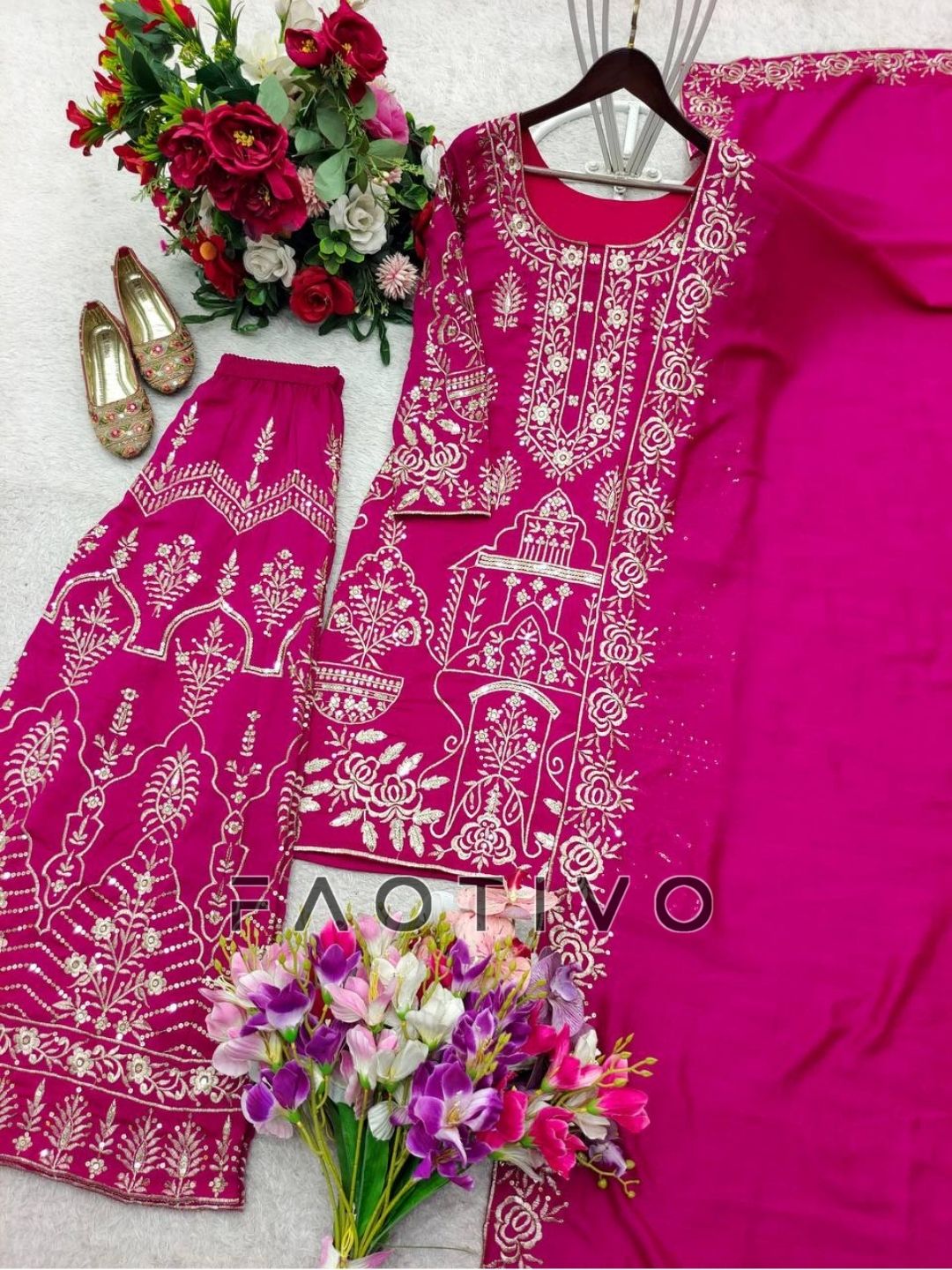 Premium Designer CP Vichitra Silk Top Sharara Dupatta Set
