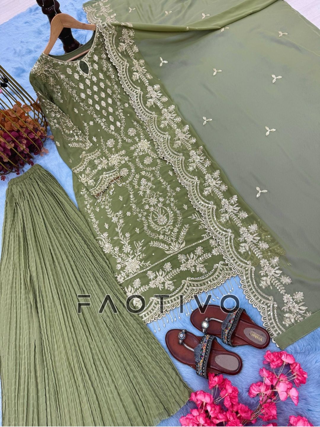 Premium Designer Faux Georgette Top Plazzo Dupatta Set