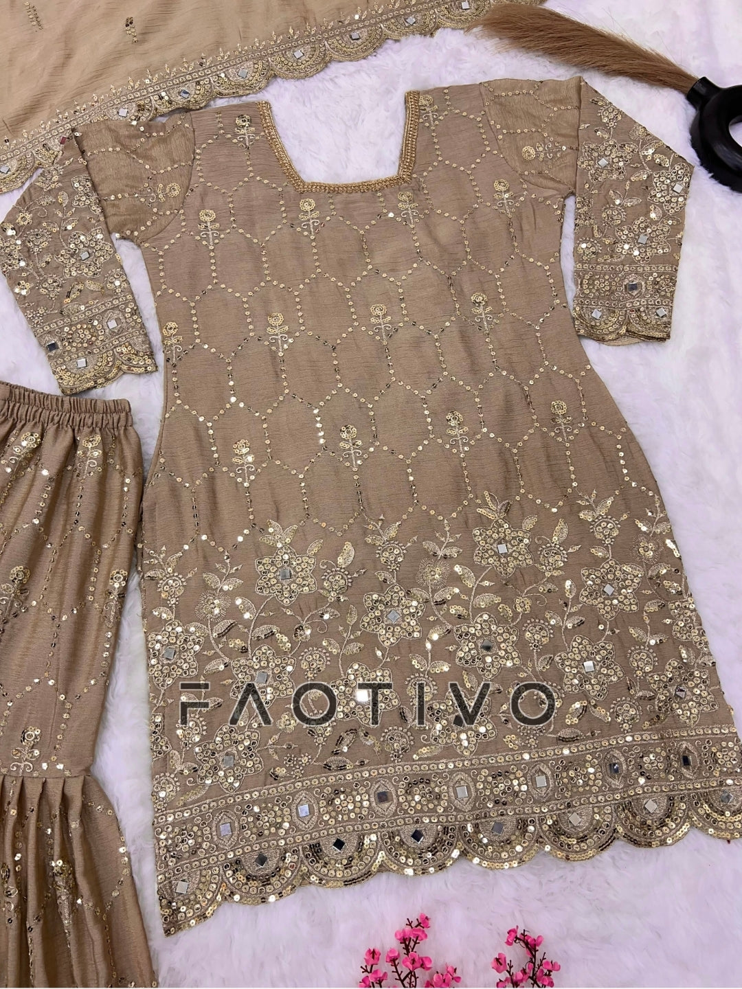 Chinnon Silk Embroidered Sharara Suit 3 Piece Top Sharara Dupatta Set