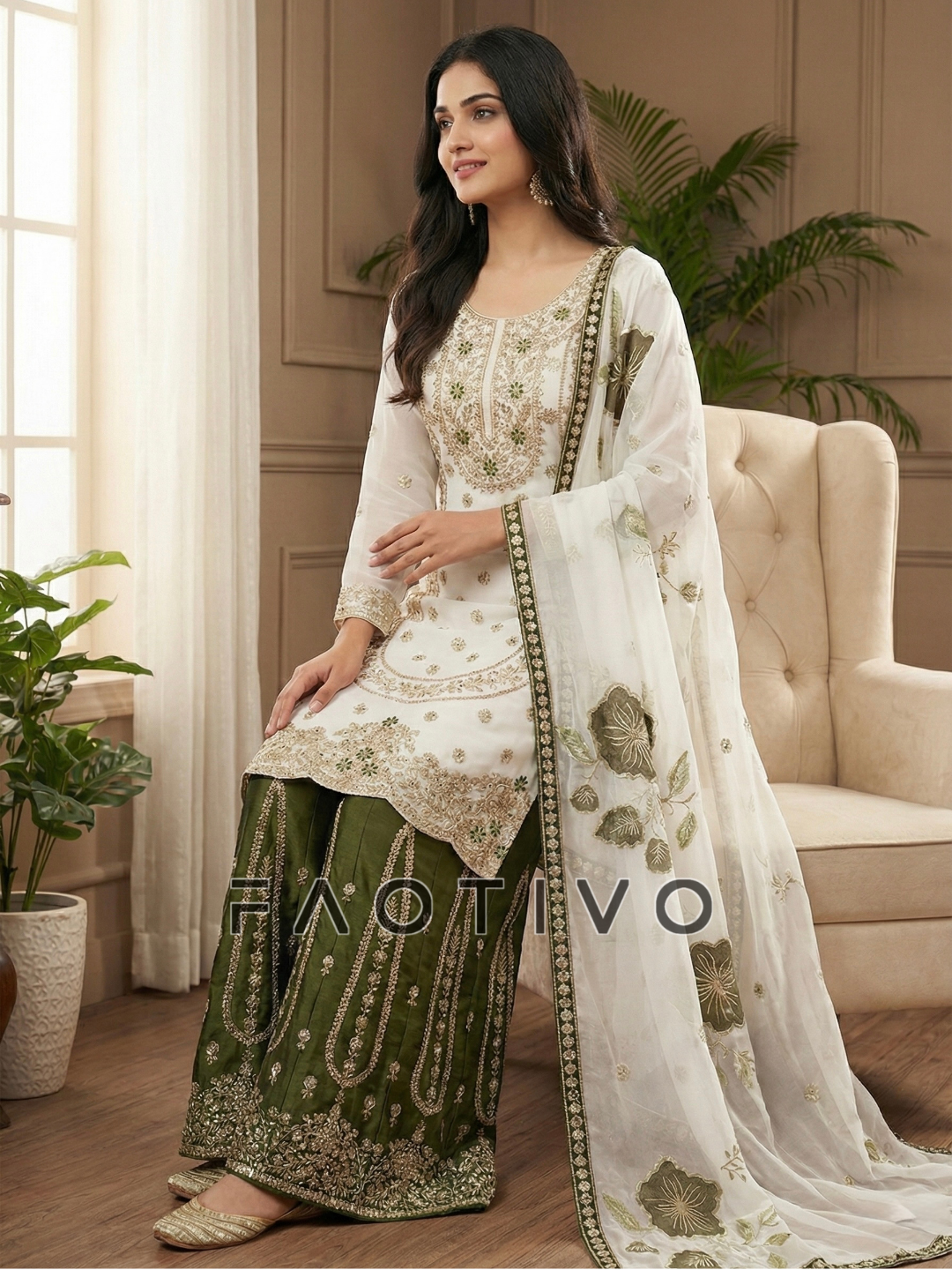 Designer GMY Silk Embroidered Kurti Plazzo Dupatta Set