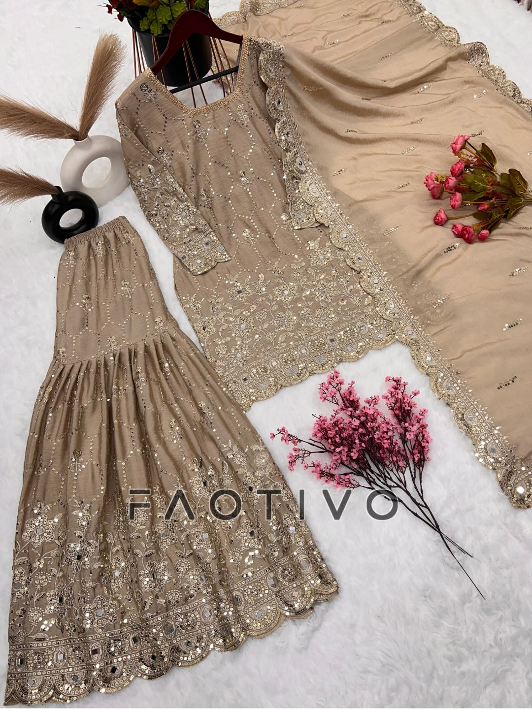 Chinnon Silk Embroidered Sharara Suit 3 Piece Top Sharara Dupatta Set