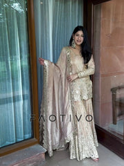 Chinnon Silk Embroidered Sharara Suit 3 Piece Top Sharara Dupatta Set