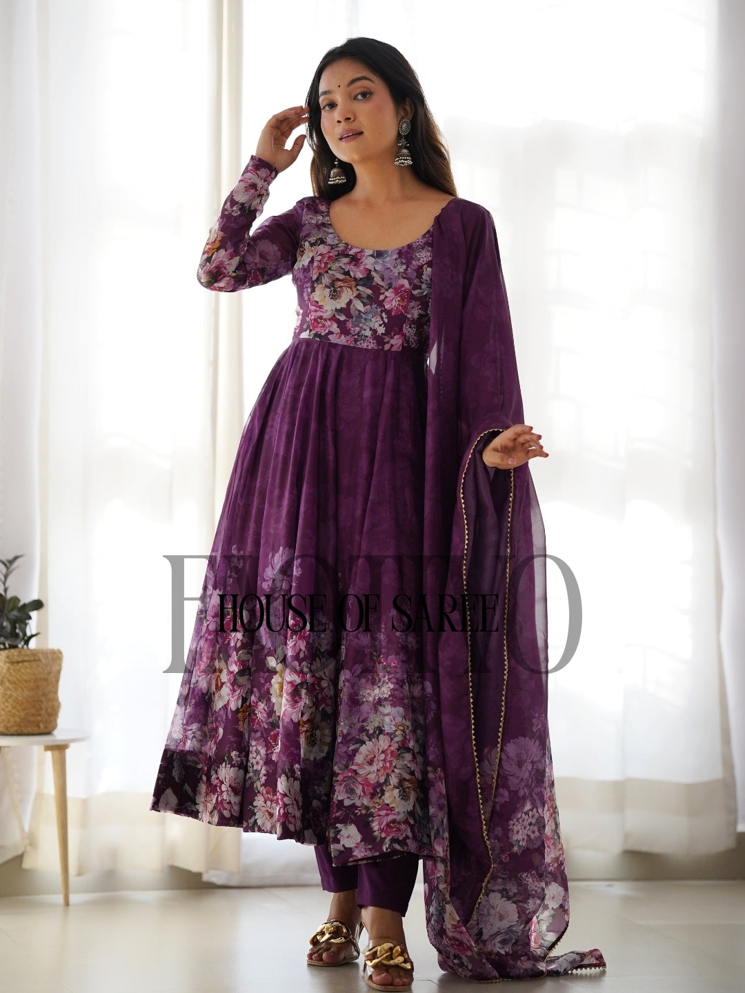 FAOTIVO Pure Organza Silk Anarkali Gown Set