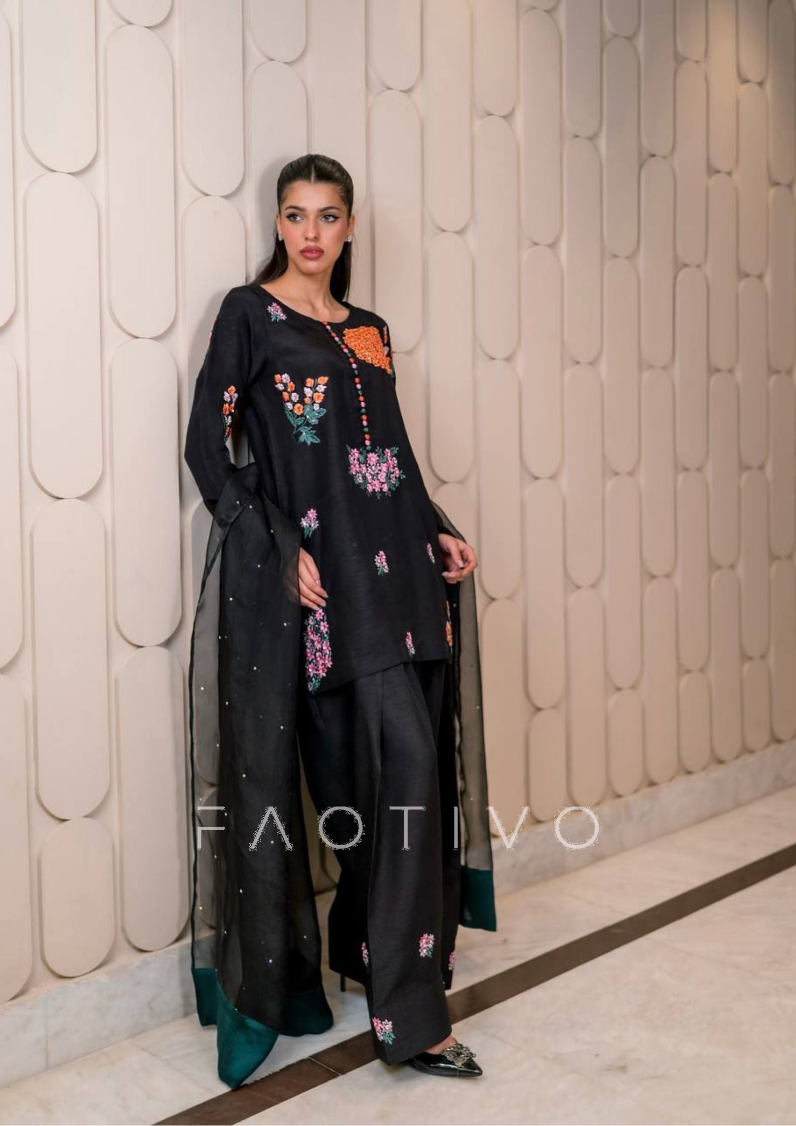 Natural Crepe Silk Embroidered Top with Farshi Pant & Dupatta | 3-Piece Fully Stitched Ethnic Wear Set | Hand-Embellished Sequence & Moti Work