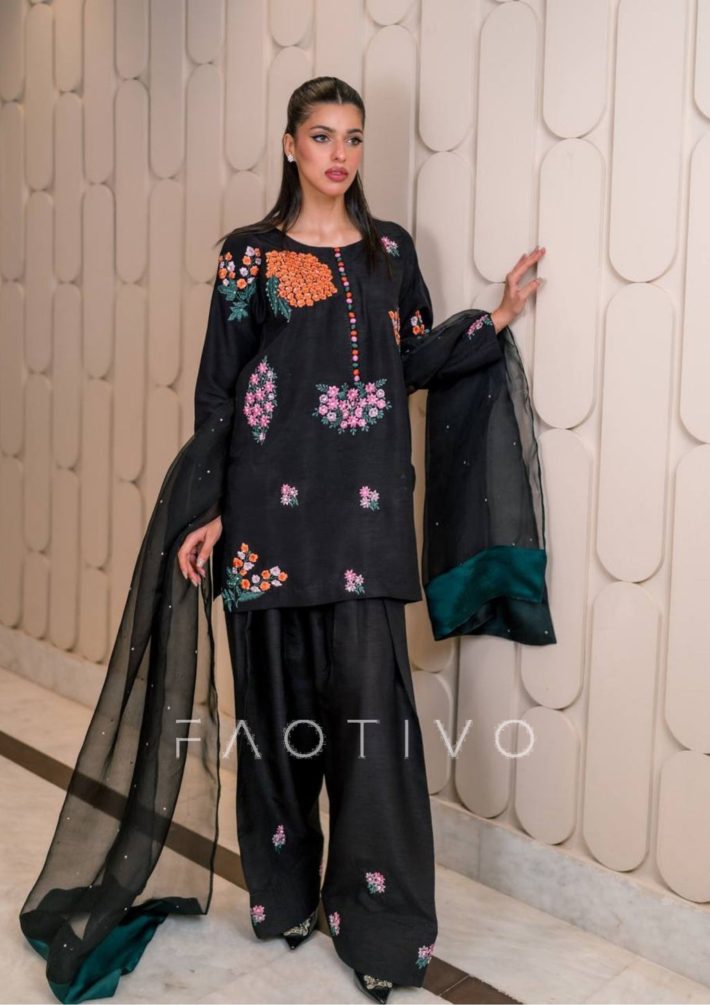 Natural Crepe Silk Embroidered Top with Farshi Pant & Dupatta | 3-Piece Fully Stitched Ethnic Wear Set | Hand-Embellished Sequence & Moti Work