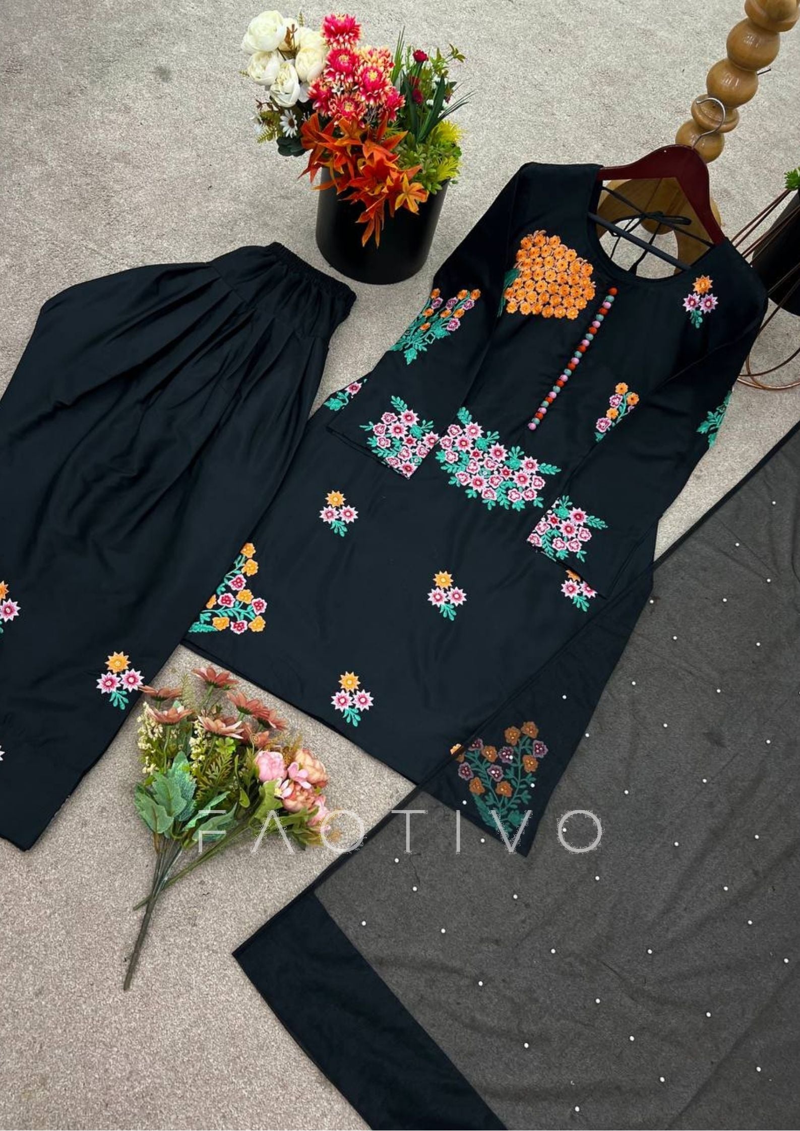 Natural Crepe Silk Embroidered Top with Farshi Pant & Dupatta | 3-Piece Fully Stitched Ethnic Wear Set | Hand-Embellished Sequence & Moti Work