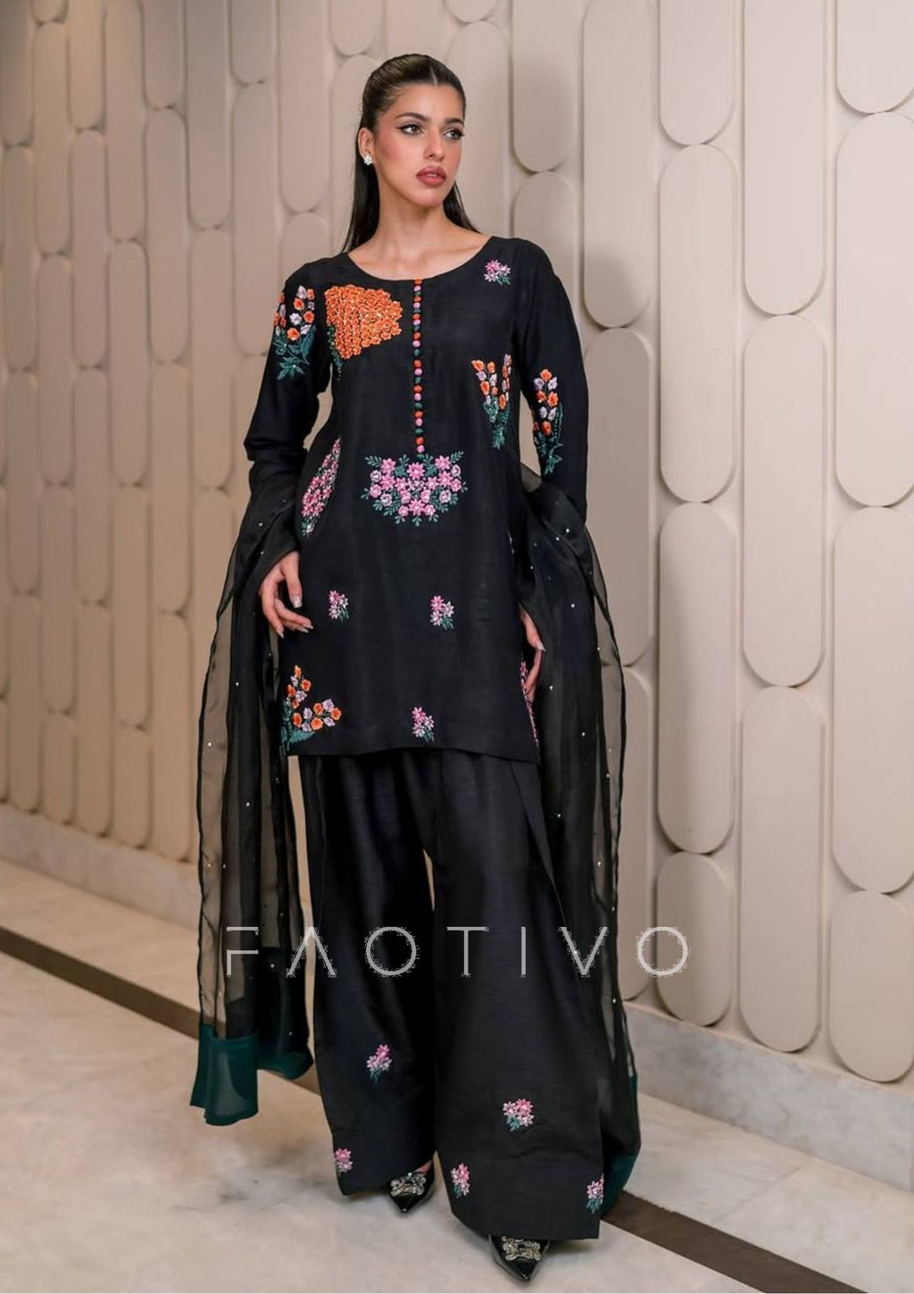 Natural Crepe Silk Embroidered Top with Farshi Pant & Dupatta | 3-Piece Fully Stitched Ethnic Wear Set | Hand-Embellished Sequence & Moti Work