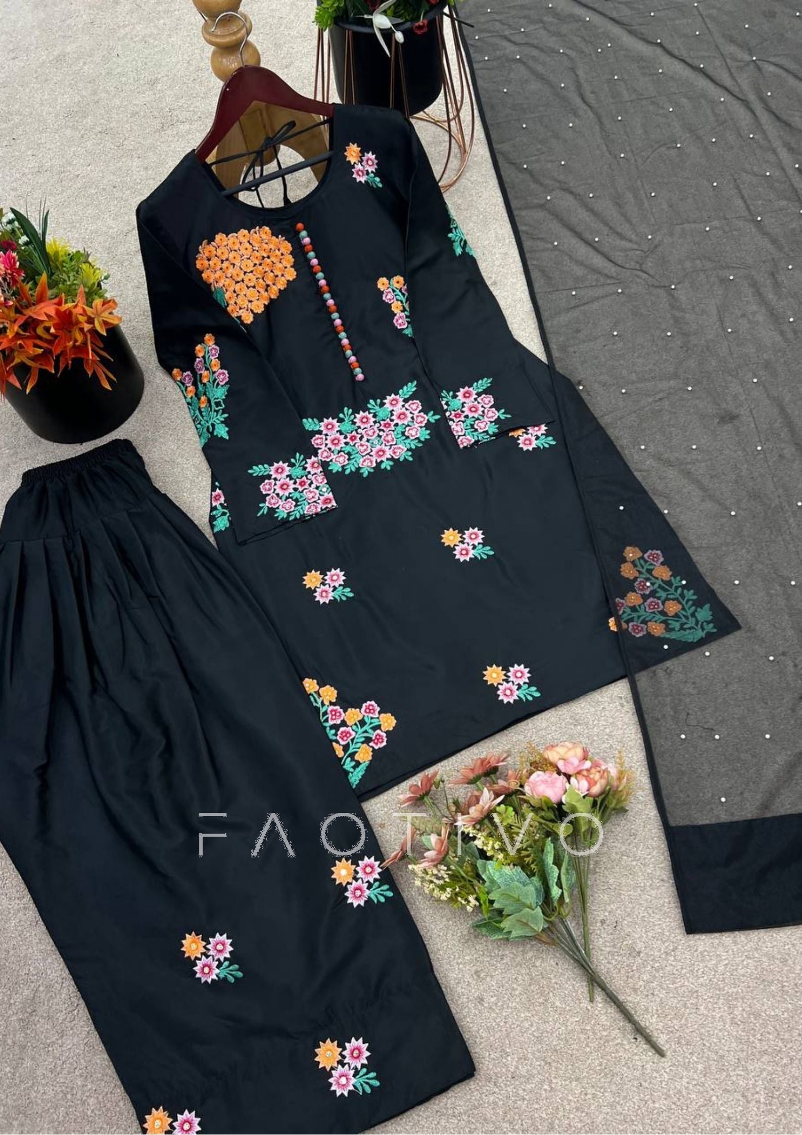 Natural Crepe Silk Embroidered Top with Farshi Pant & Dupatta | 3-Piece Fully Stitched Ethnic Wear Set | Hand-Embellished Sequence & Moti Work