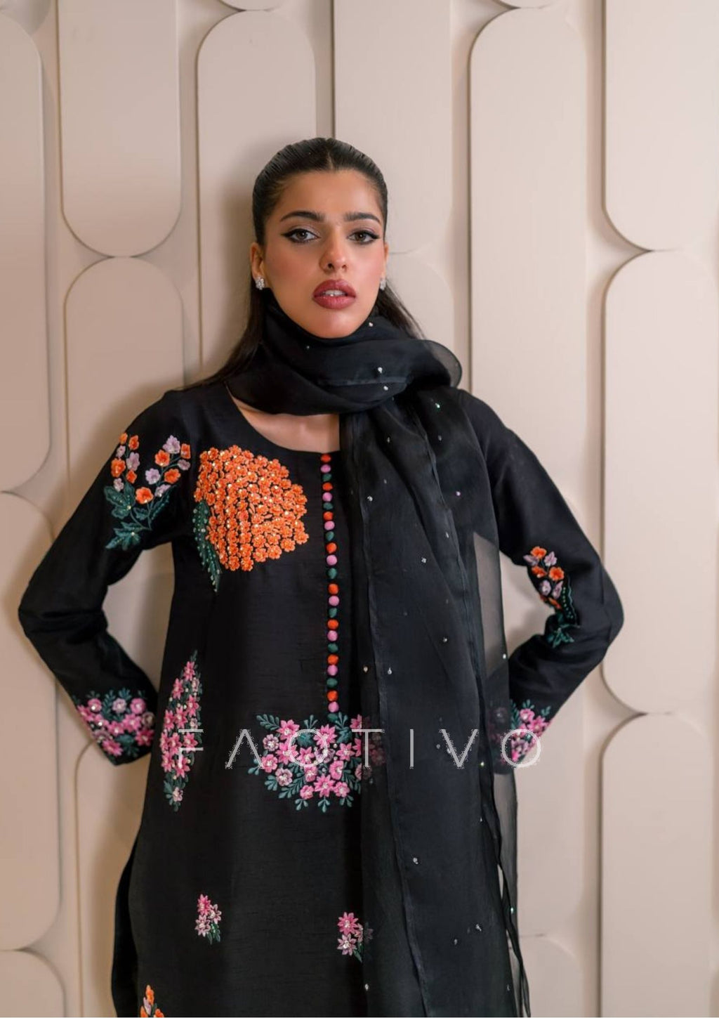 Natural Crepe Silk Embroidered Top with Farshi Pant & Dupatta | 3-Piece Fully Stitched Ethnic Wear Set | Hand-Embellished Sequence & Moti Work