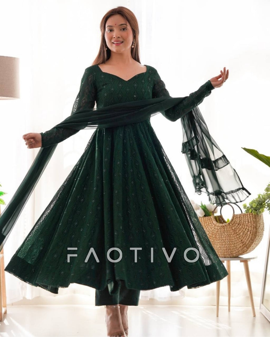 Heavy Pure Soft Fox Georgette Lucknowi Sequin Work Anarkali Set