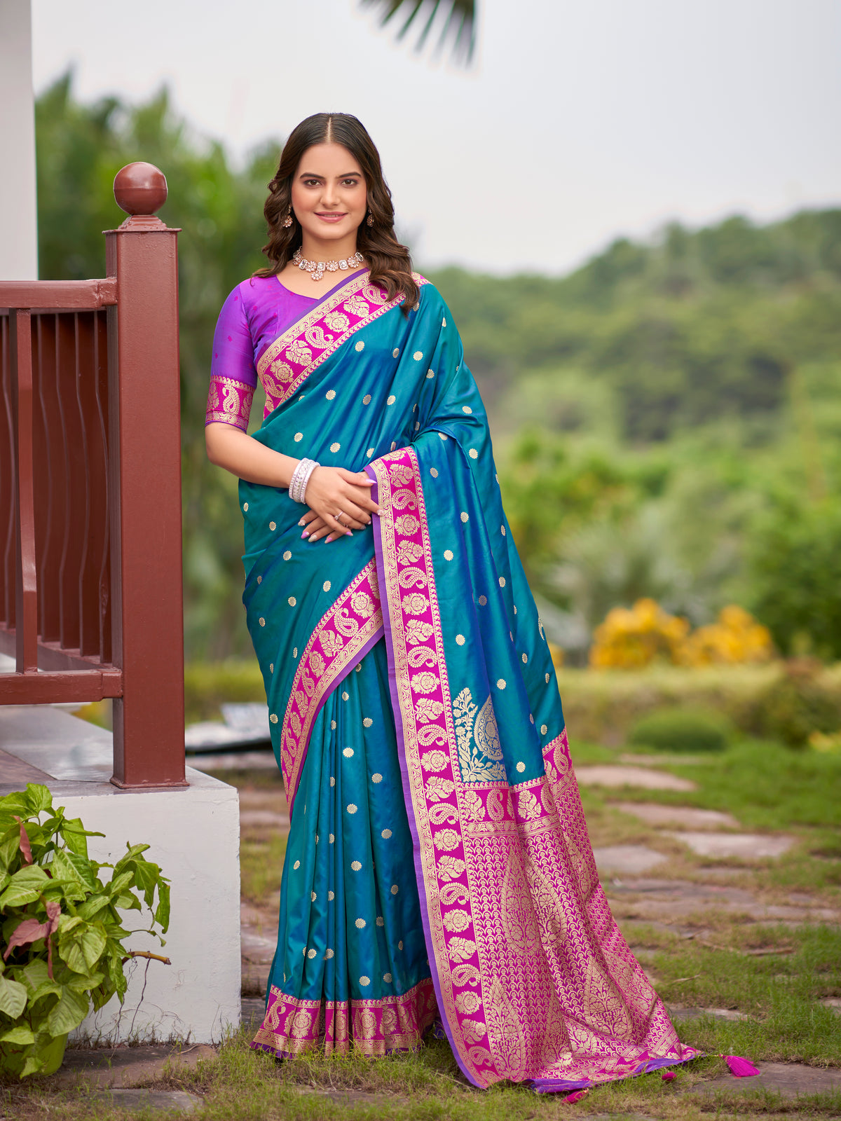 Teal Blue Kanjivaram Style Silk Saree with Pink Gold Zari Border