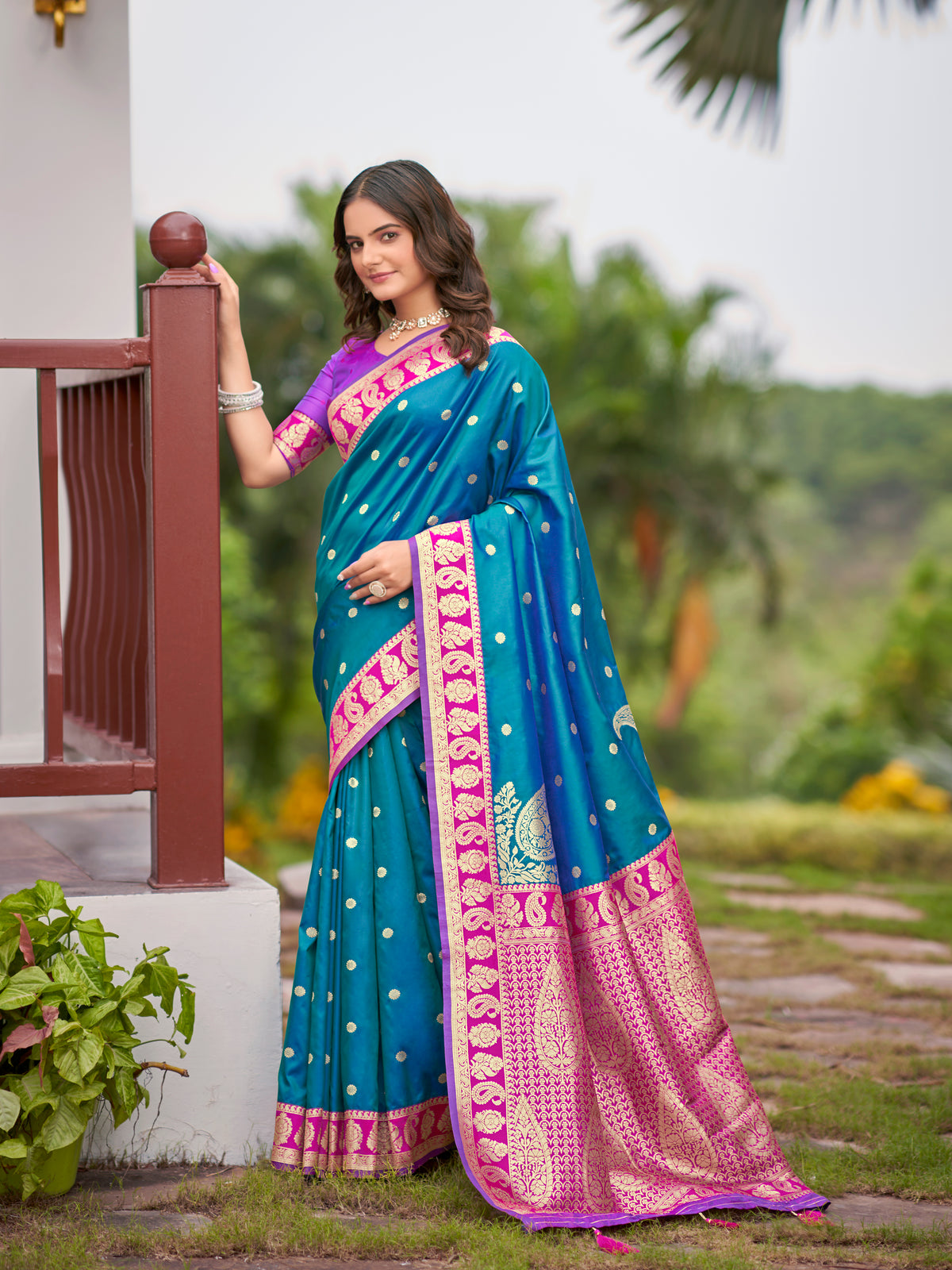 Teal Blue Kanjivaram Style Silk Saree with Pink Gold Zari Border