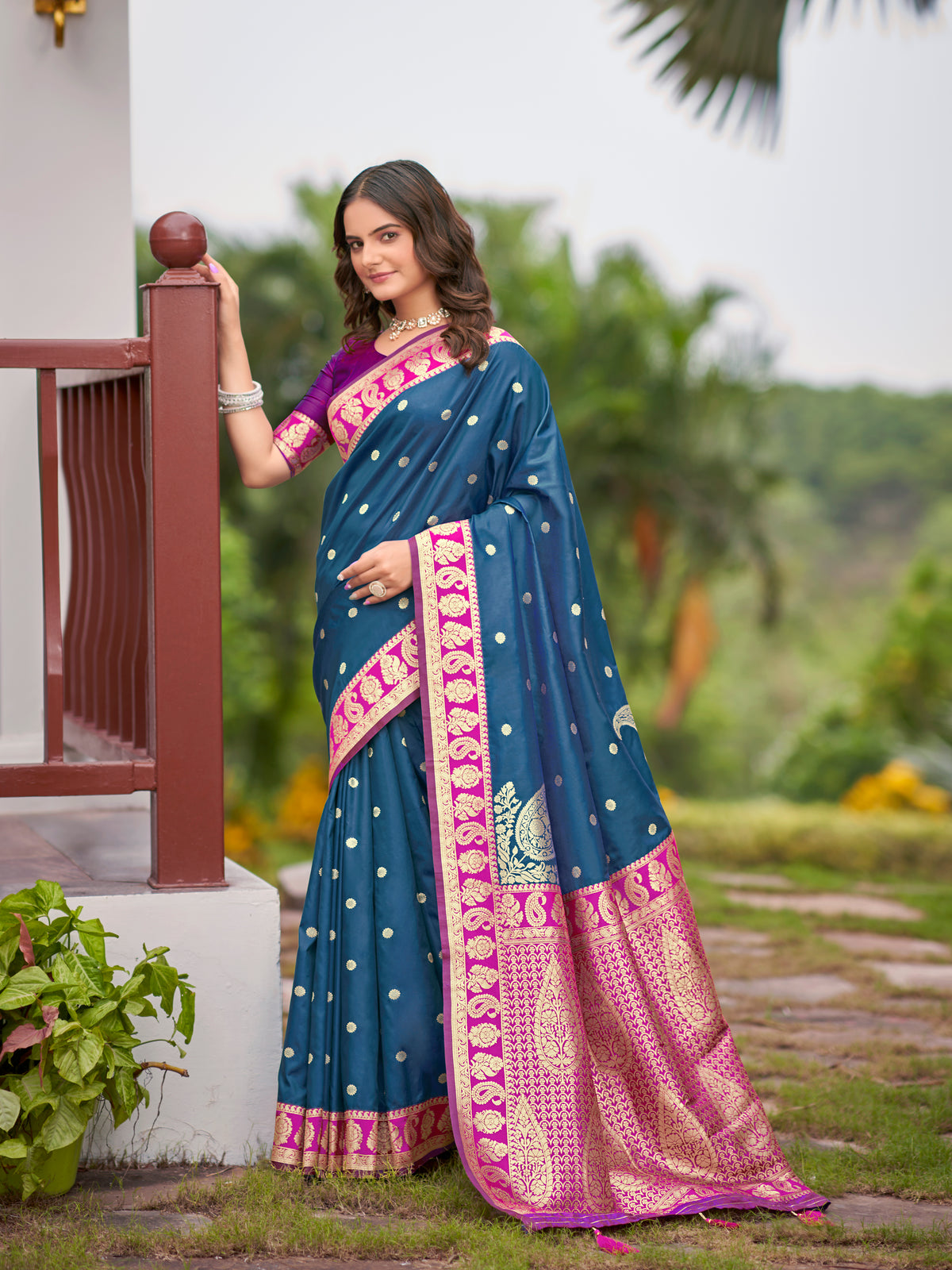 Navy Blue & Pink Designer Saree with Gold-Tone Butti & Rich Woven Border