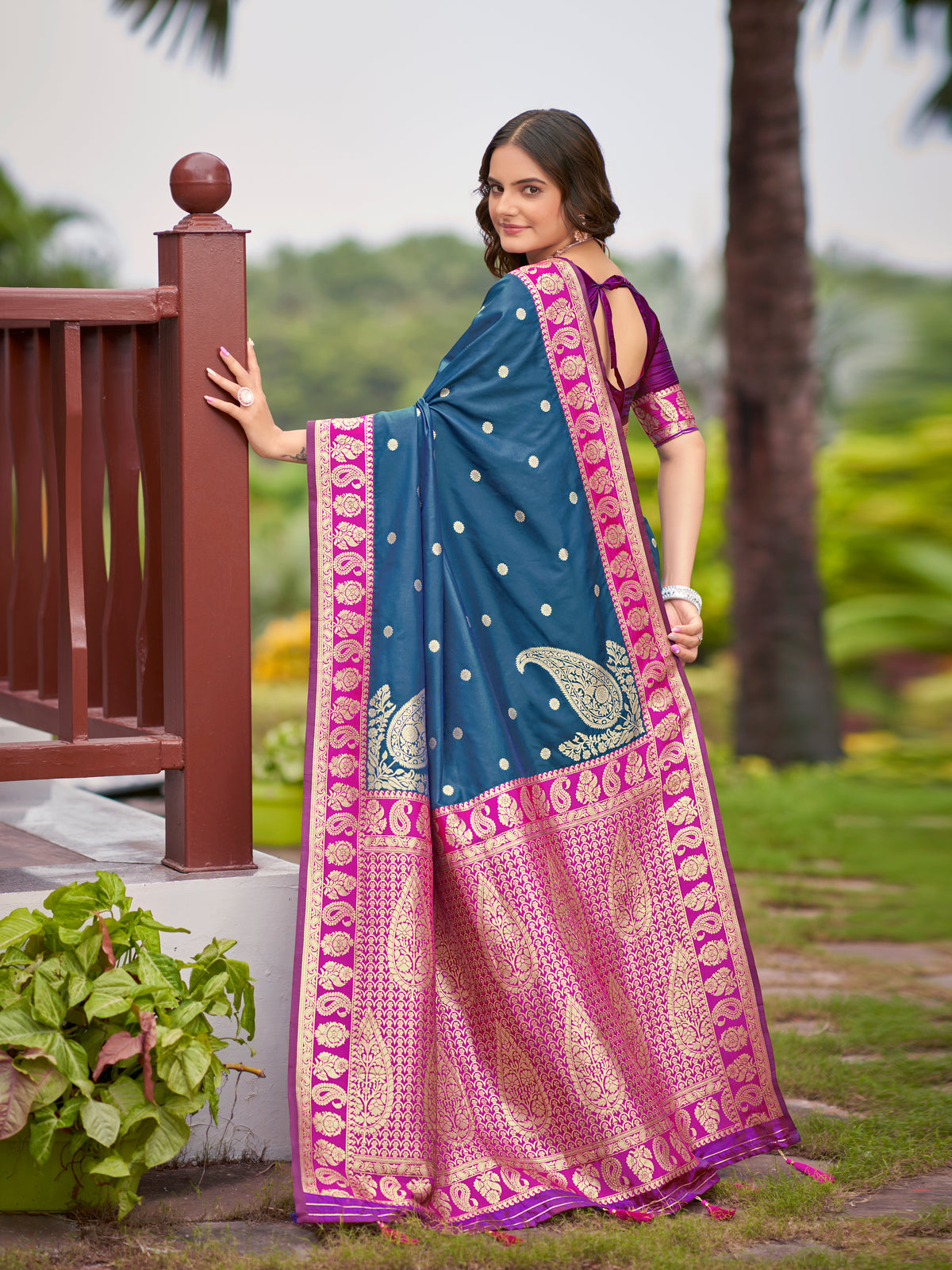 Navy Blue & Pink Designer Saree with Gold-Tone Butti & Rich Woven Border