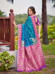 Peacock Blue & Magenta Pink Woven Jacquard Silk Saree with Blouse Piece