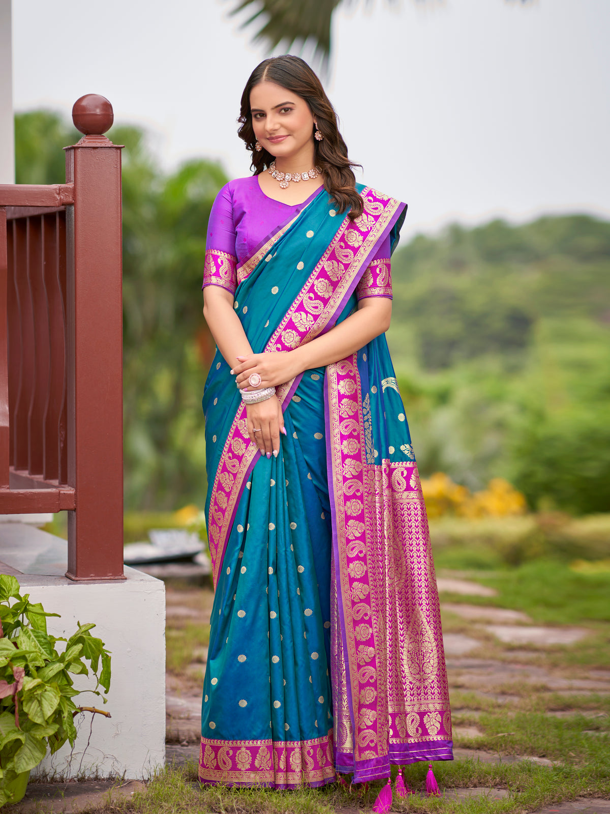 Teal Blue Kanjivaram Style Silk Saree with Pink Gold Zari Border