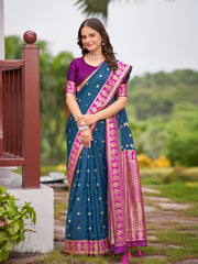 Navy Blue & Pink Designer Saree with Gold-Tone Butti & Rich Woven Border