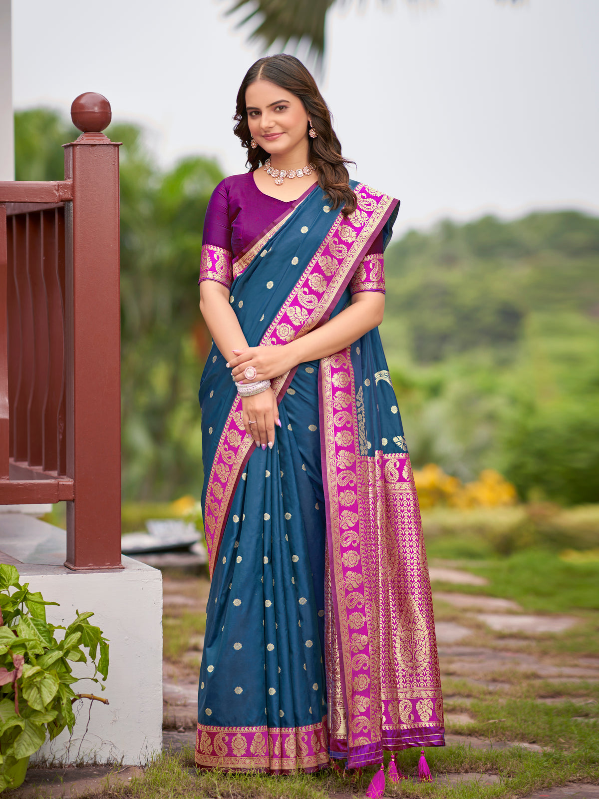 Navy Blue & Pink Designer Saree with Gold-Tone Butti & Rich Woven Border