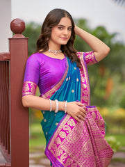 Teal Blue Kanjivaram Style Silk Saree with Pink Gold Zari Border