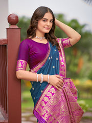 Navy Blue & Pink Designer Saree with Gold-Tone Butti & Rich Woven Border