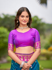 Teal Blue Kanjivaram Style Silk Saree with Pink Gold Zari Border