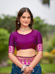 Navy Blue & Pink Designer Saree with Gold-Tone Butti & Rich Woven Border